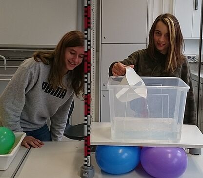 Alisa und Julia untersuchen die Abhängigkeit zwischen der Höhe der Luftballons und der Masse des Körpers, der sich auf diesen befindet. pwett18_1